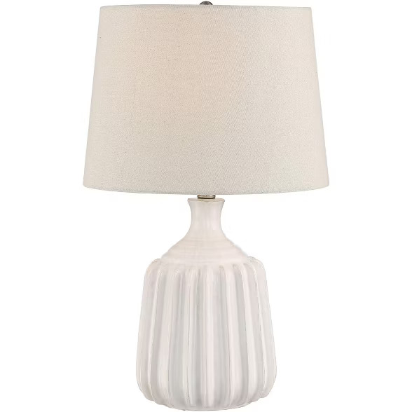 360 Lighting Mid Century Modern Accent Table Lamp Ribbed Ceramic Glossy White Oatmeal Linen Drum ... | Target