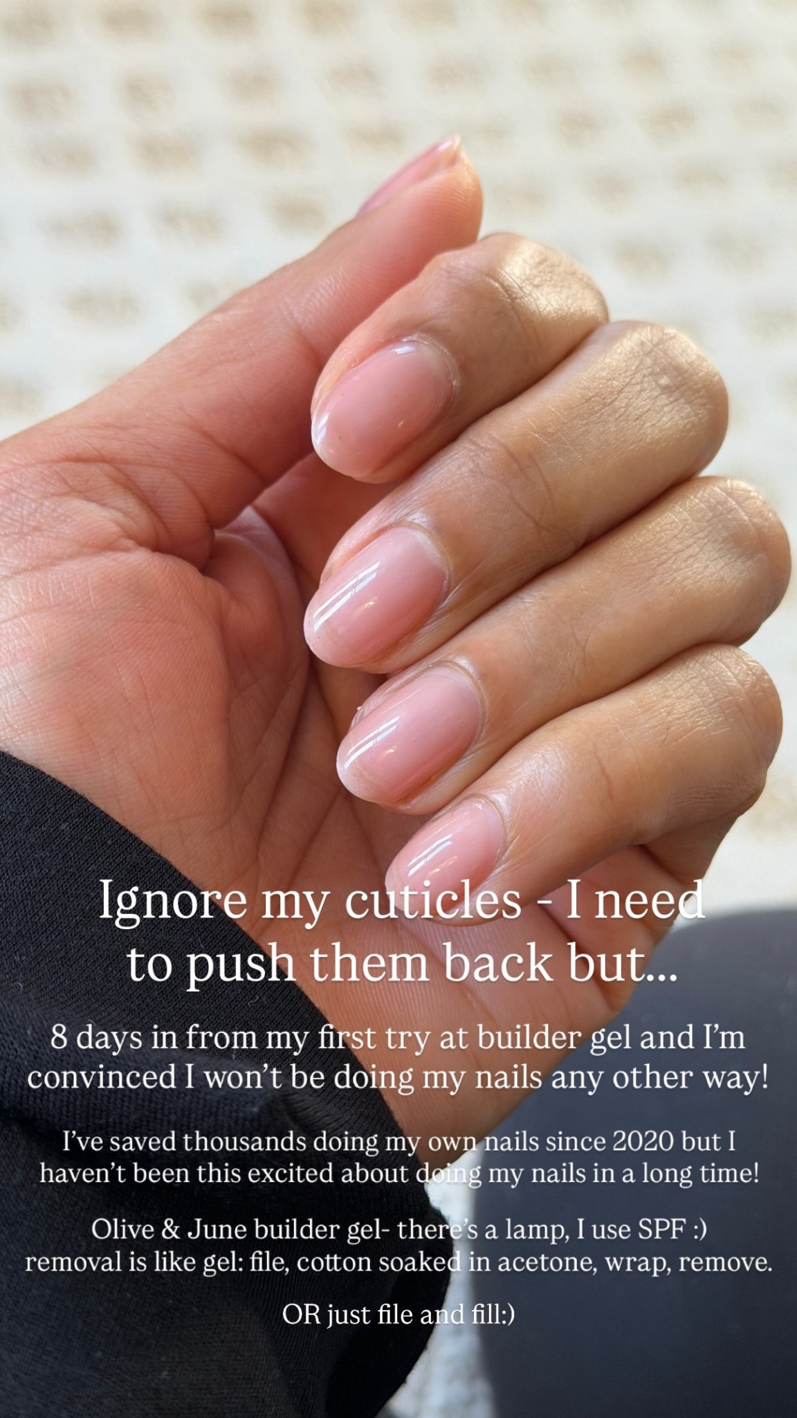 Ignore my cuticles -1 need to push them back but... 8 days in from my first try at builder gel and I'm convinced I won't be doing my nails any other way!
I've saved thousands doing my own nails since 2020 but I haven't been this excited about doing my nails in a long time!
Olive & June builder gel- there's a lamp, I use SPF :) removal is like gel: file, cotton soaked in acetone, wrap, remove. OR just file and fill:)

#LTKBeauty #LTKselfcare