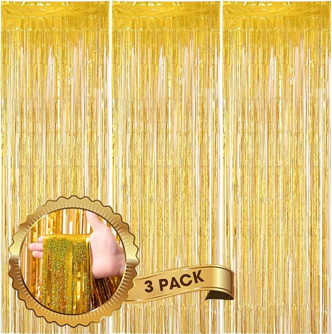3 Pack 3.3 x 8.2 ft Laser Gold Foil Fringe Backdrop Curtains, Tinsel Streamers Birthday Party Dec... | Amazon (US)