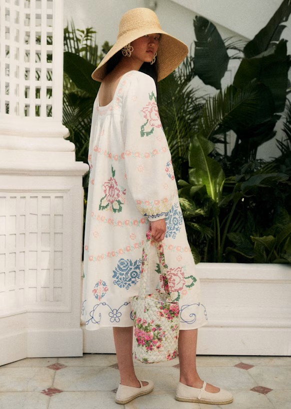 Keisha Dress - Sézane x Andion - Green Pink Camellia print - Organic Cotton - Sézane | Sezane Paris - US