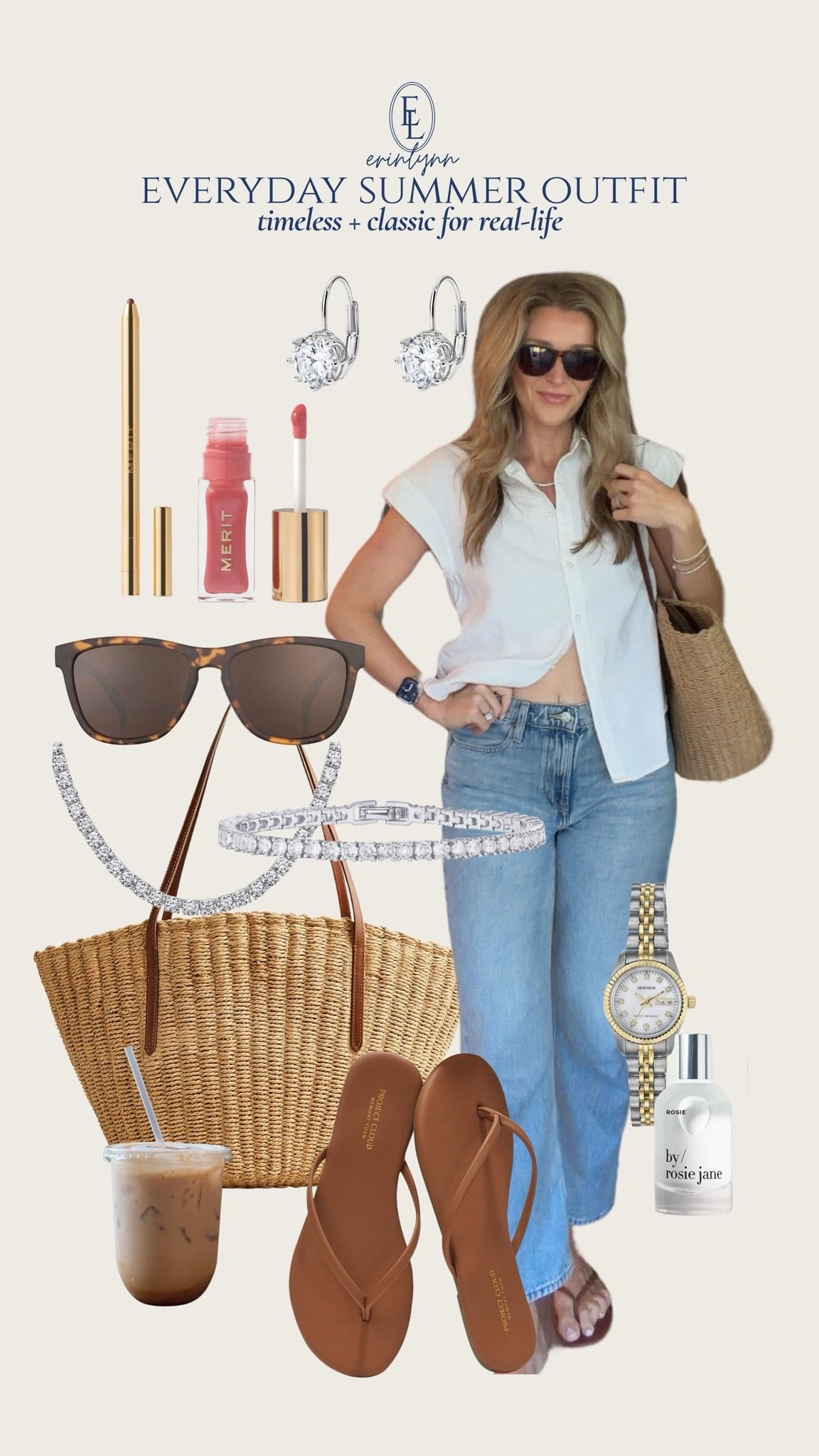 Everyday summer outfit details I wear on repeat. Lightweight button down, relaxed denim, classic flip flops, woven tote, and simple accessories that make casual outfits feel elevated.

everyday outfit • classic summer style • casual chic • relaxed denim • effortless outfits • coastal style • 90s mom style • woven tote • flip flops outfit • timeless fashion • elevated basics • summer capsule wardrobe • real life style • classic casual • simple summer outfits • feminine everyday style • mom style
