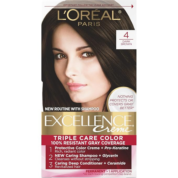 L'Oreal Paris Excellence Creme Permanent Hair Color, 4 Dark Brown, 100 percent Gray Coverage Hair... | Amazon (US)