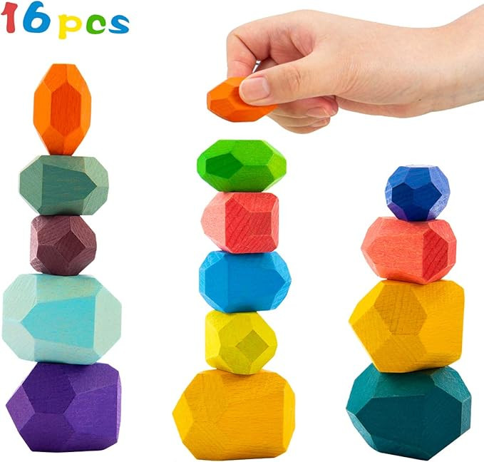 16 Pcs Wooden Stone Balancing Blocks- Colorful Wood Stone Building Blocks Natural Rainbow Balanci... | Amazon (US)