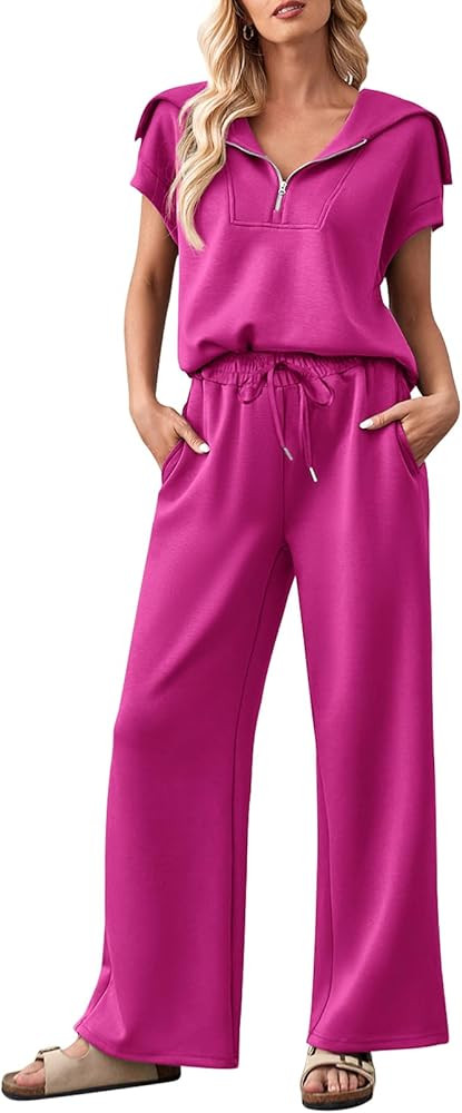 MEROKEETY Women 2 Piece Set Summer Outfits Sweatsuit Half Zip Cap Sleeve Sweatshirt Wide Leg Swea... | Amazon (US)