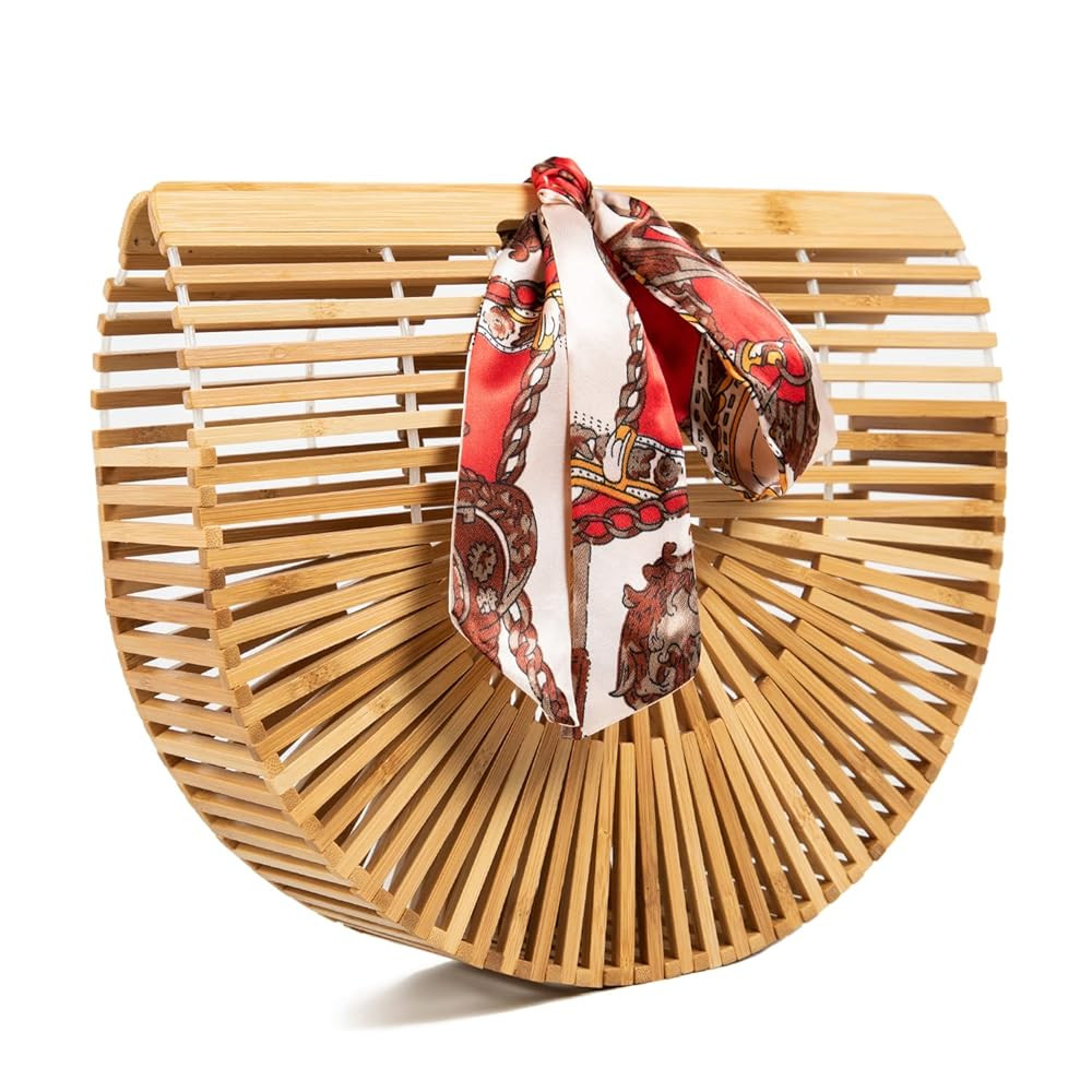 FARVALUE Women's Bamboo Bag Summer Wooden Handbag Handmade Large Tote Bag Beach Bag with Silk Sca... | Amazon (US)