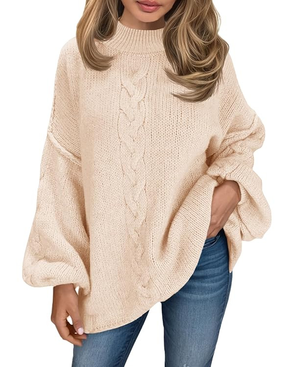 Saodimallsu Womens Oversized Cable Knit Sweater Chunky Mock Neck Long Lantern Sleeve Fall Trendy ... | Amazon (US)