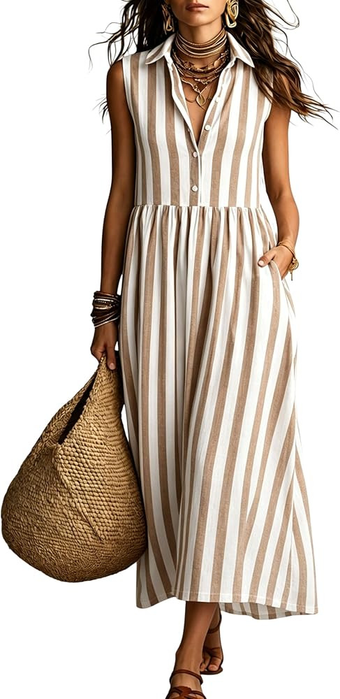 Daacee Women Striped Sleeveless Maxi Dress Boho Flowy Beach Long Shirt Dresses Summer Sundress Va... | Amazon (US)