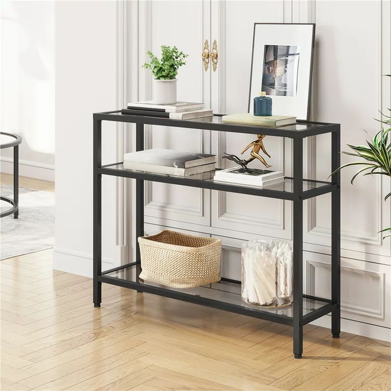 Alden Design Modern Glass Entryway Console Table with Shelves, Black | Walmart (US)