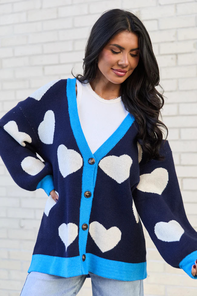Azura Navy and White Heart Cardigan | Pink Lily