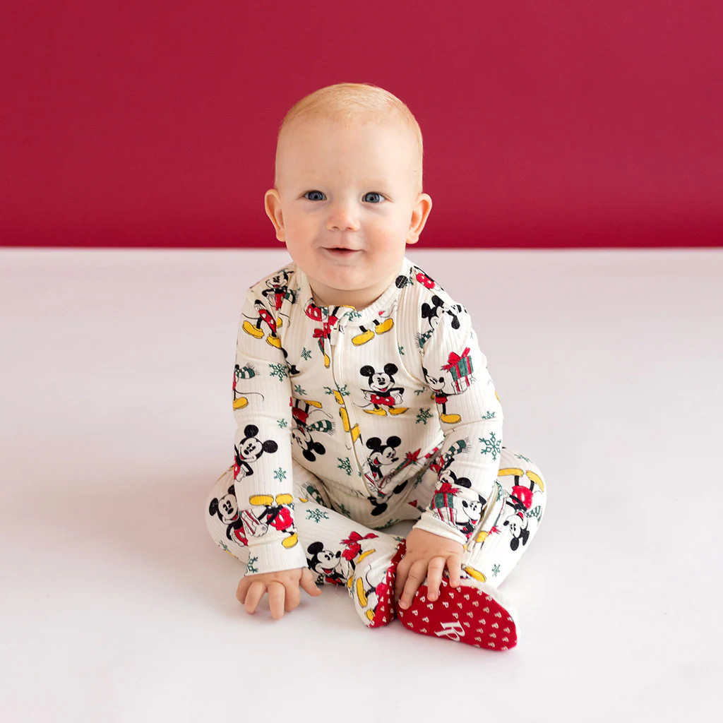 Disney White One Piece Baby Footie Pajamas | Disney Mickey Mouse Holiday | Posh Peanut