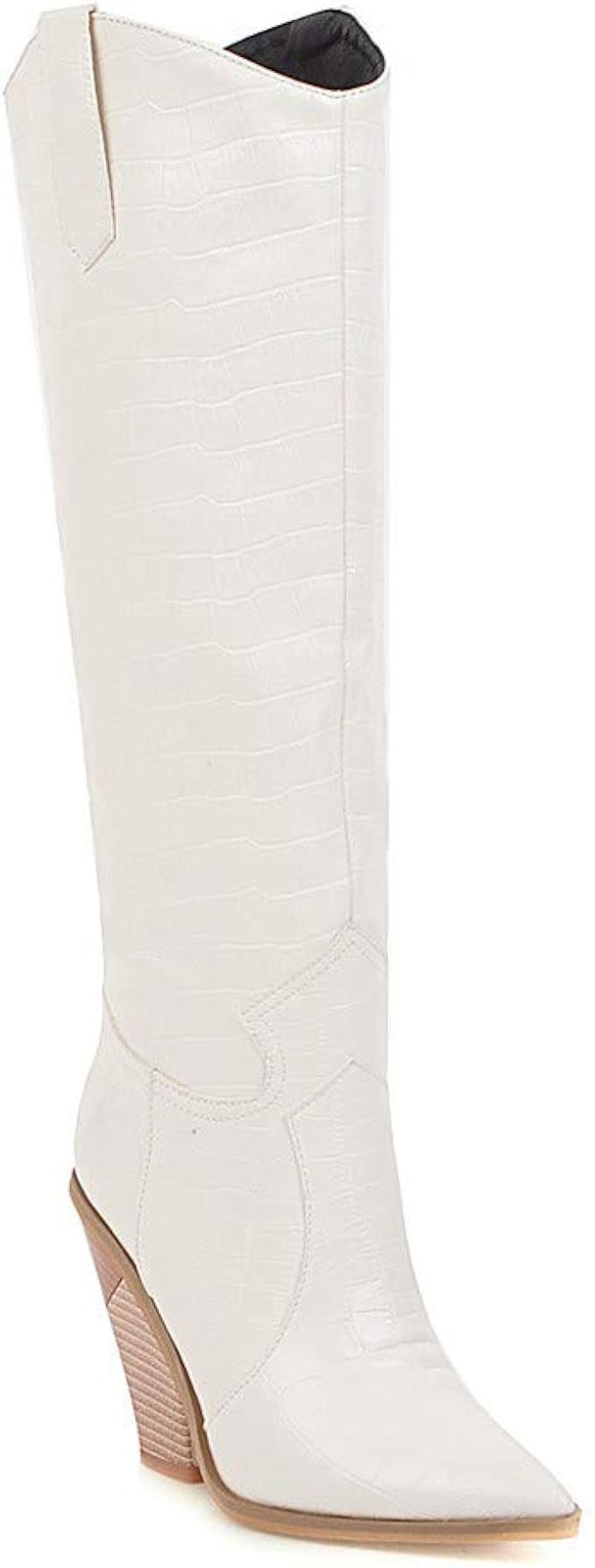 Women's Chunky High Heel Knee High Boots Western Leather Cowgirl Combat Booties Pull On Work Shoe... | Amazon (US)