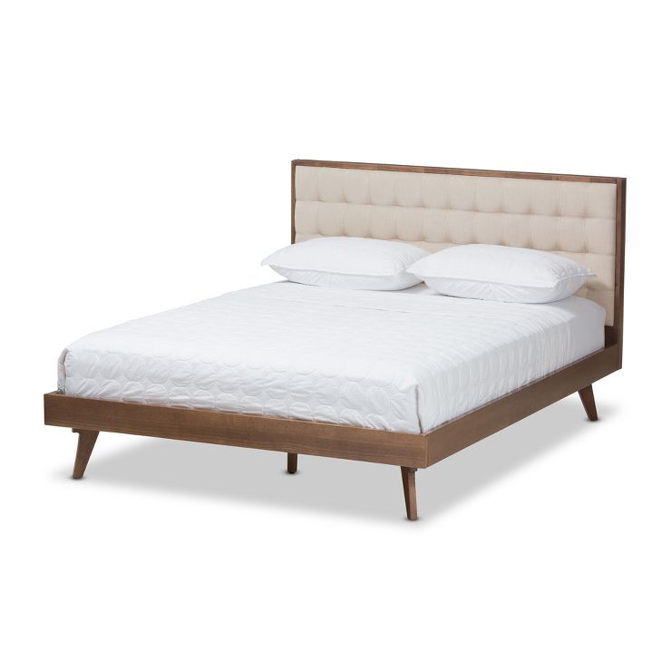 Soloman Mid - Century Modern Fabric and Walnut Finished Wood Platform Bed - Baxton Studio | Target