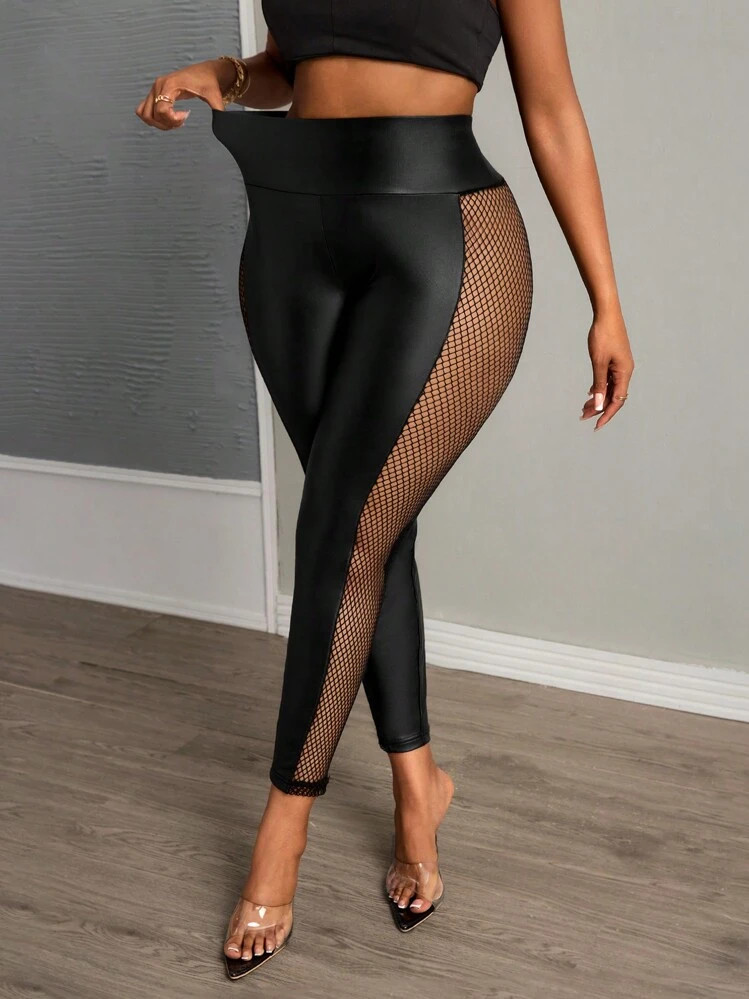 Slaydiva Plus Size Women Solid Color Sheer Elastic Waist Sexy Mesh With PU Leather Pants, For Win... | SHEIN