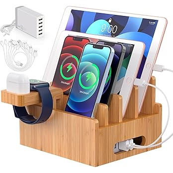 Bamboo Charging Station for Multiple Devices with 5 Port USB Charger, 6 Cables and Smart Watch & ... | Amazon (US)