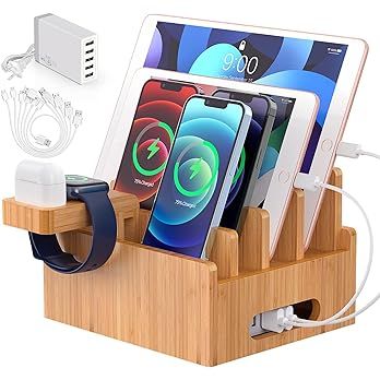 Bamboo Charging Station for Multiple Devices with 5 Port USB Charger, 6 Cables and Smart Watch & ... | Amazon (US)
