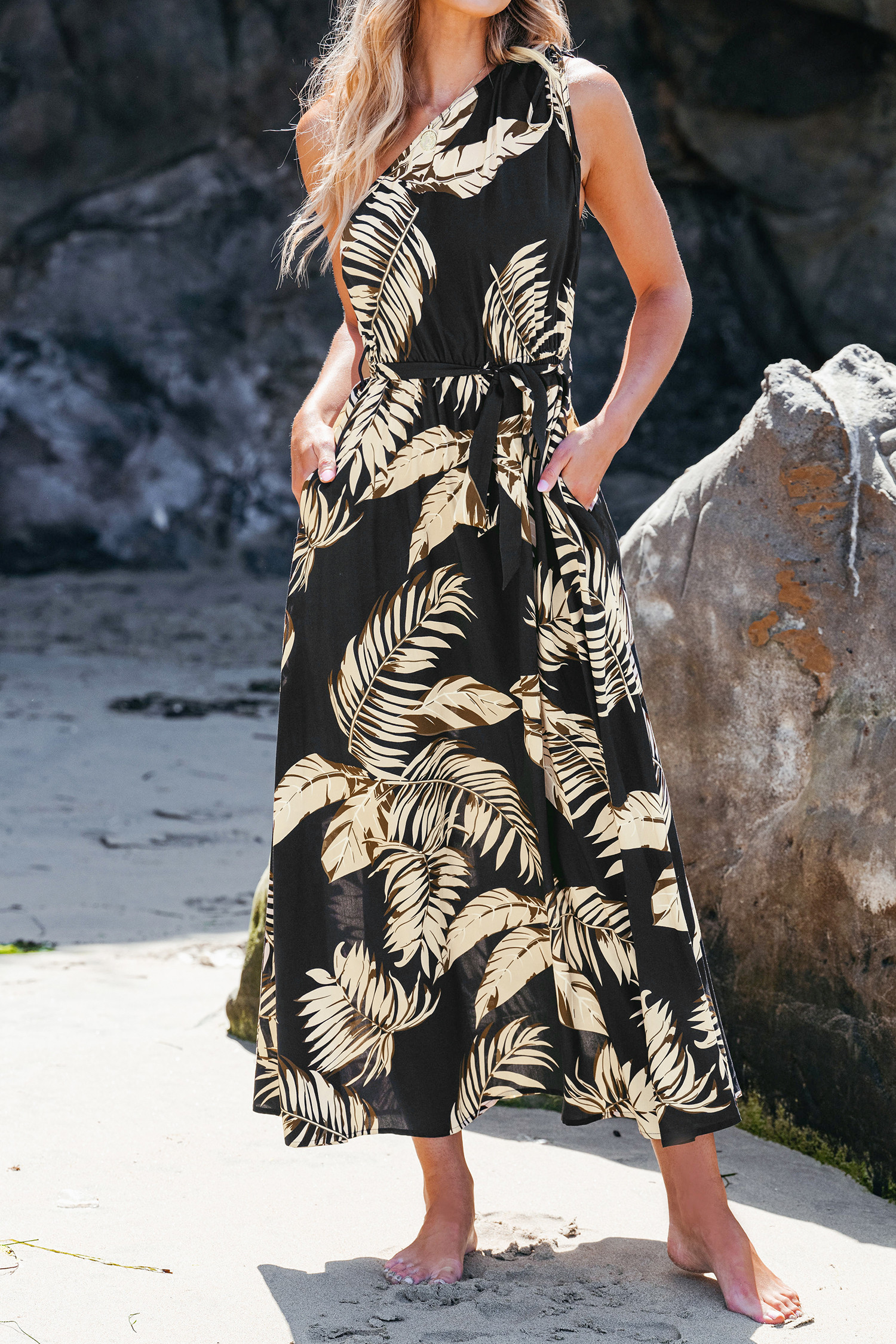 Tropical Leaf Print Ruched One-Shoulder Dress | Cupshe US