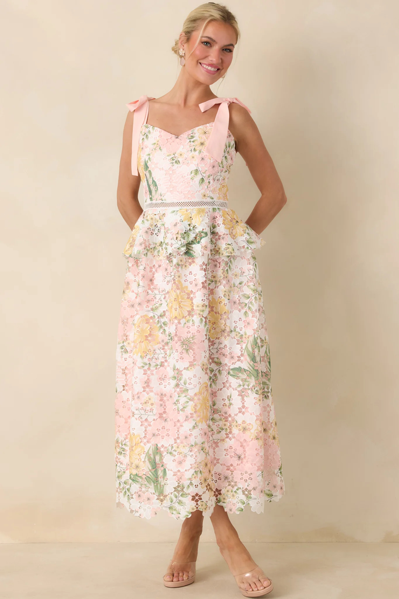 Remembering Spring Peach Lace Floral Midi Dress | Red Dress