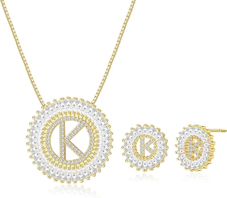 FIBO STEEL Initial Pendant Necklace Stud Earrings Jewelry Set for Women CZ Earring Studs Charm Al... | Amazon (US)