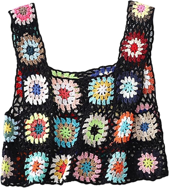 Women's Summer Crochet Tank Top Colorful Floral Embroidery Knit Vest Tops Boho Camisole Beachwear... | Amazon (US)