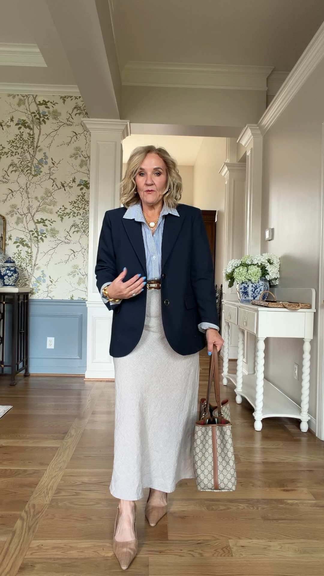 Quince linen slip skirt. I’m wearing a medium but I’m going to order a small. I would size down. 
White poplin blouse size small
Quince tops & sweaters size medium 
Navy blazer size 10 petite 
trends trends trends 

#LTKspring #LTKspringtrends #LTKOver40