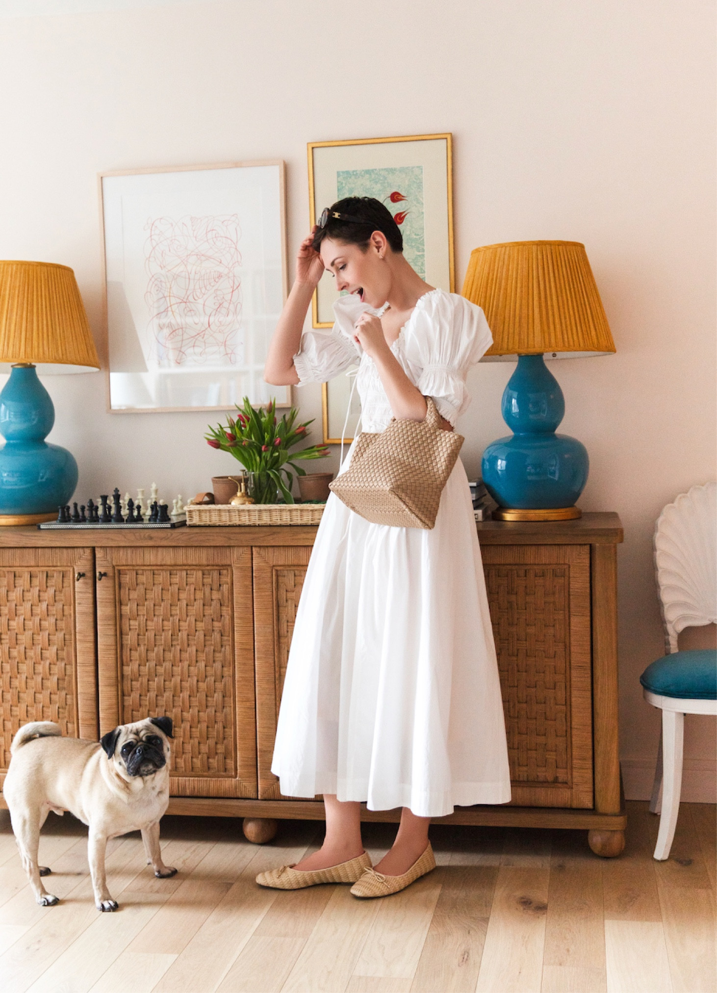 Sharing some spring favorites from @saks today here and on my blog! Love this classic white cotton dress, my new woven mini tote, raffia flats, and oval sunglasses! Shop all these pieces and more of my Saks spring favorites below. #saks #sakspartner