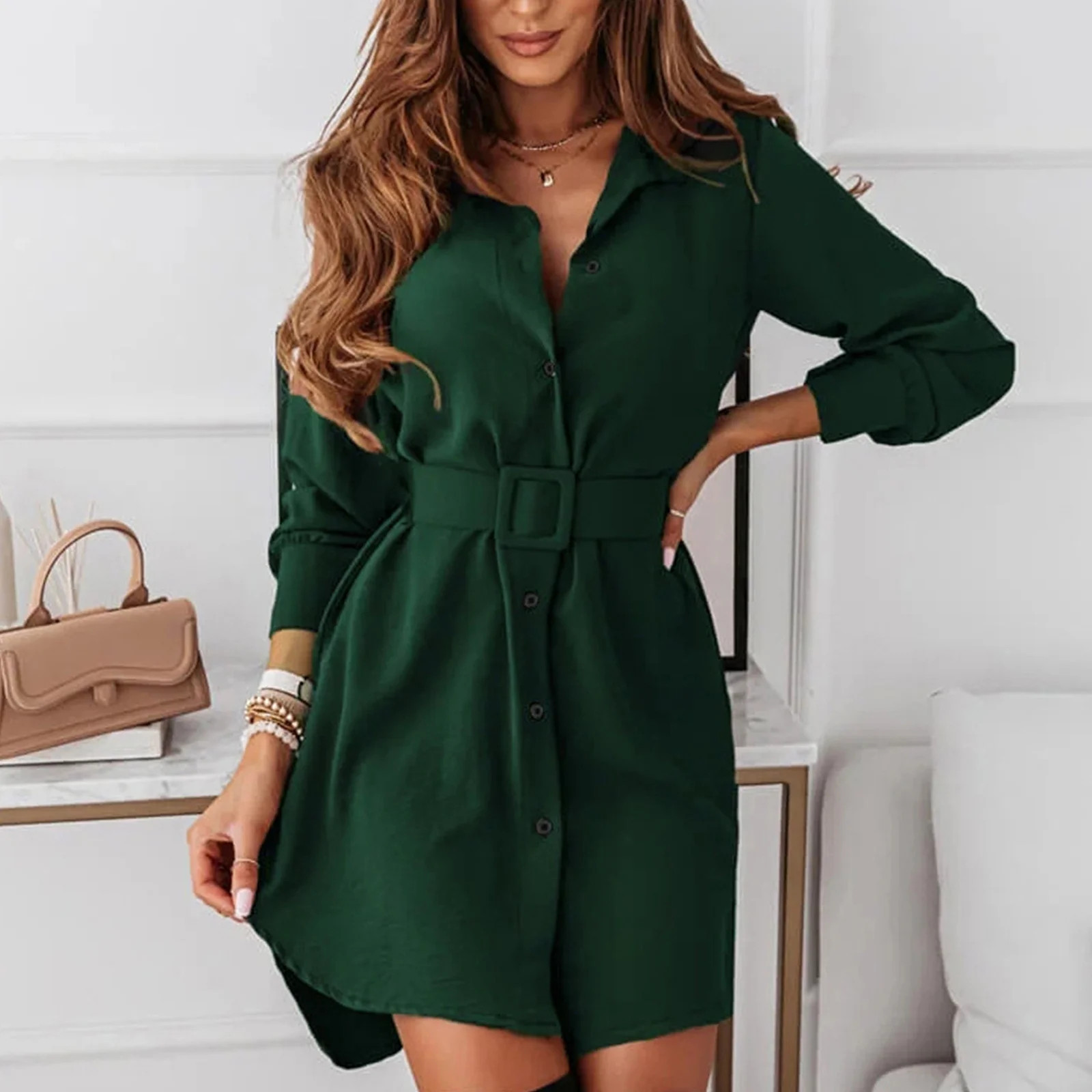 Autumn&Winter Fashion Women Short Dress Long Sleeve Lapel Slim Casual Shirt Dress | Walmart (US)