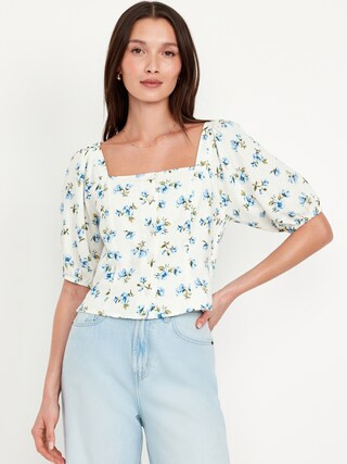 Puff-Sleeve Linen-Blend Floral Top | Old Navy (CA)