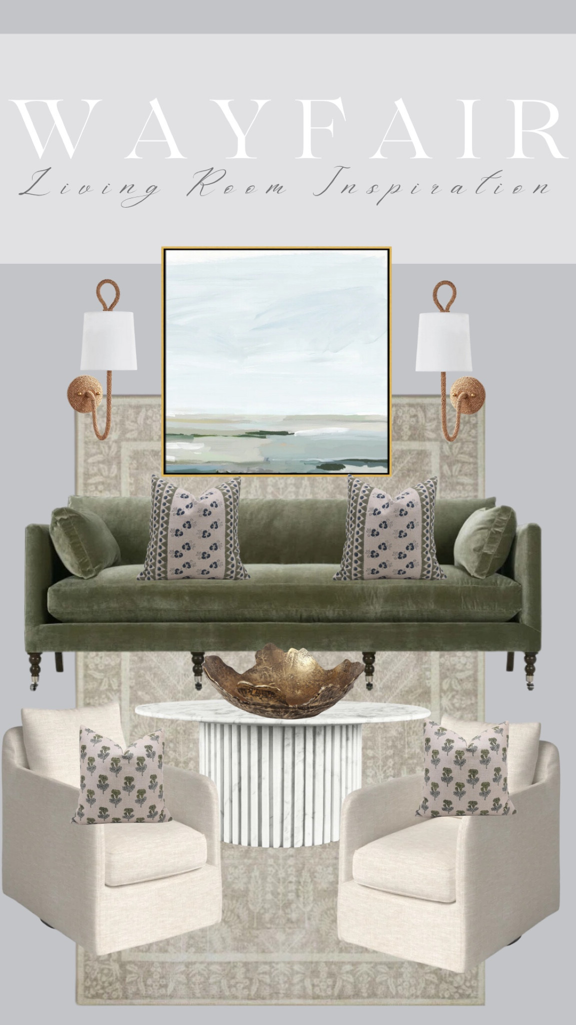 Wayfair home living room inspiration! 

Affordable large scale, art blue and white art canvas, art framed art large art on a budget velvet sofa, green velvet sofa, swivel chairs, cream, swivel chairs, marble furniture, marble, coffee, table, neutral rug, large, neutral rug

#LTKFindsUnder50 #LTKFindsUnder100 #LTKHome