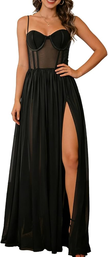 Women's Sheer Mesh Corset Maxi Dress Spaghetti Strap Sexy Bodycon Lingerie See Through Floor Leng... | Amazon (US)