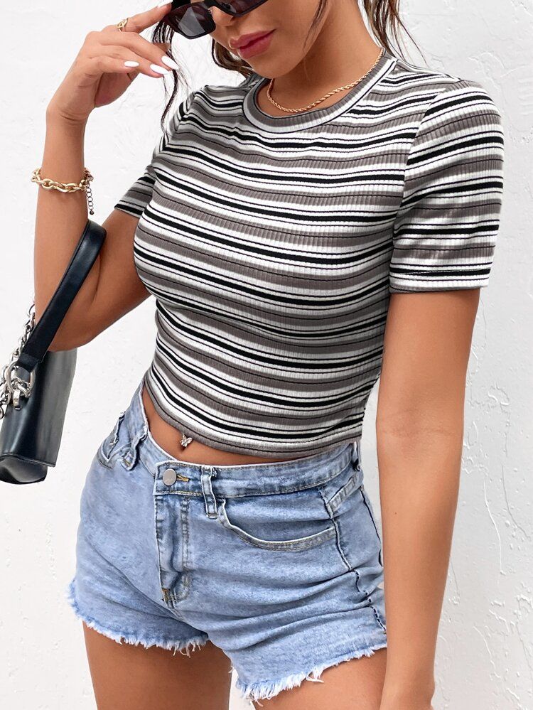 Striped Round Neck Crop Tee | SHEIN