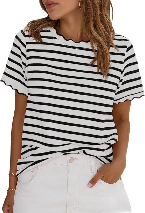 Tankaneo Womens Short Sleeve Striped Tshirts Summer Color Block Scalloped Tops Trendy Casual Basi... | Amazon (US)