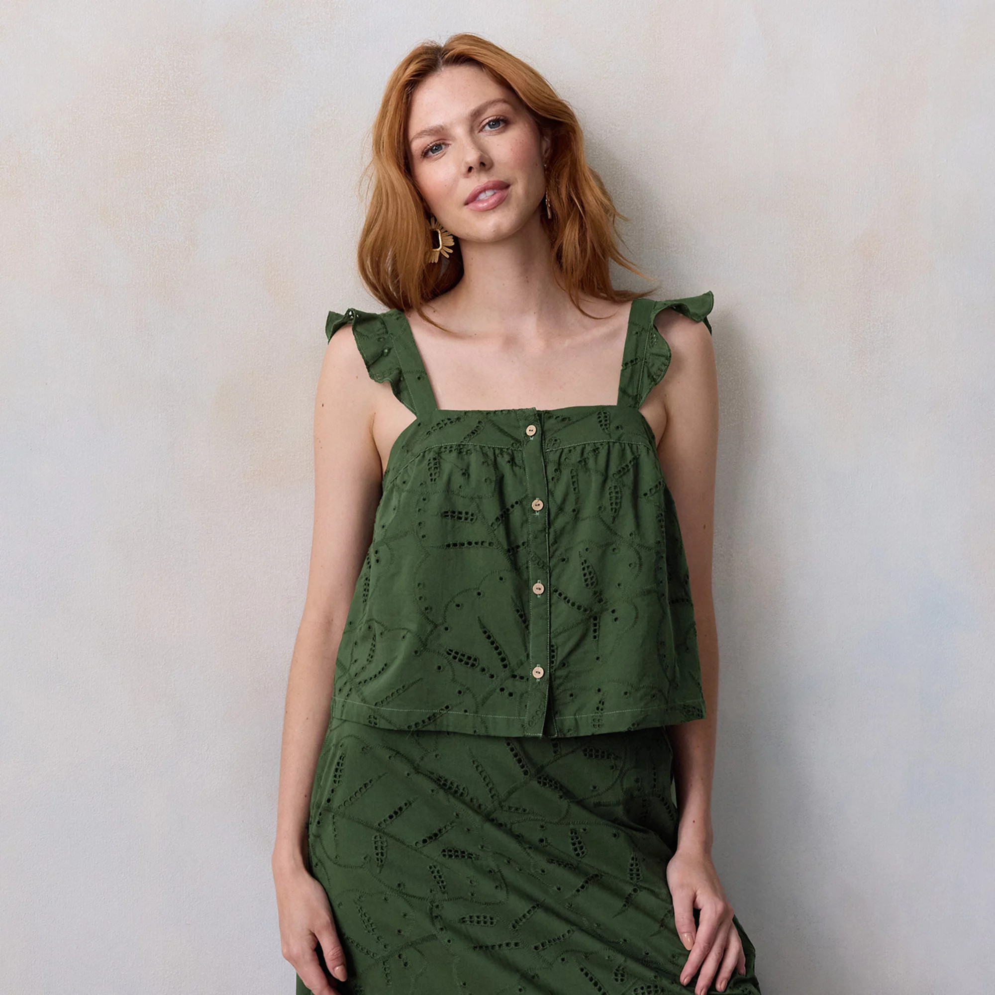 Women's LC Lauren Conrad Button Front Ruffled Shoulder Tank Top | Kohl's