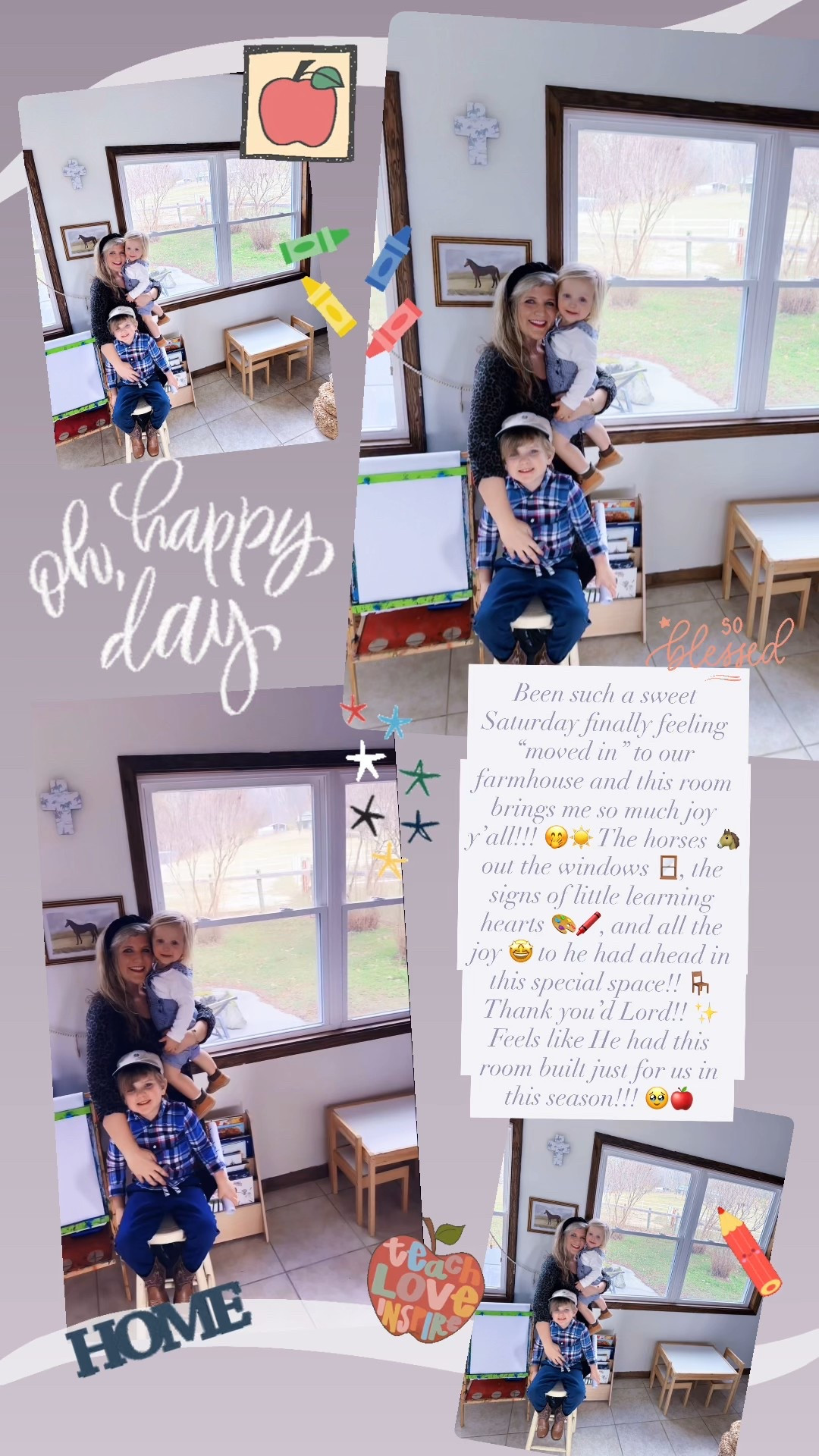 Been such a sweet Saturday finally feeling “moved in” to our farmhouse and this room brings me so much joy y’all!!! 🤭☀️ The horses 🐴 out the windows 🪟, the signs of little learning hearts 🎨🖍️, and all the joy 🤩 to he had ahead in this special space!! 🪑 Thank you’d Lord!! ✨ Feels like He had this room built just for us in this season!!! 🥹🍎