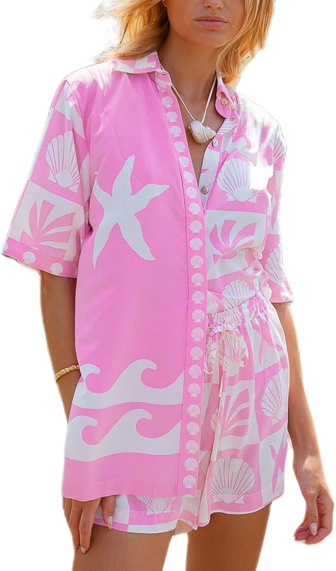 Women Graphic 2 Piece Shorts Matching Sets Button V Neck Short Sleeve Blouse Wide Leg Shorts Summ... | Amazon (US)