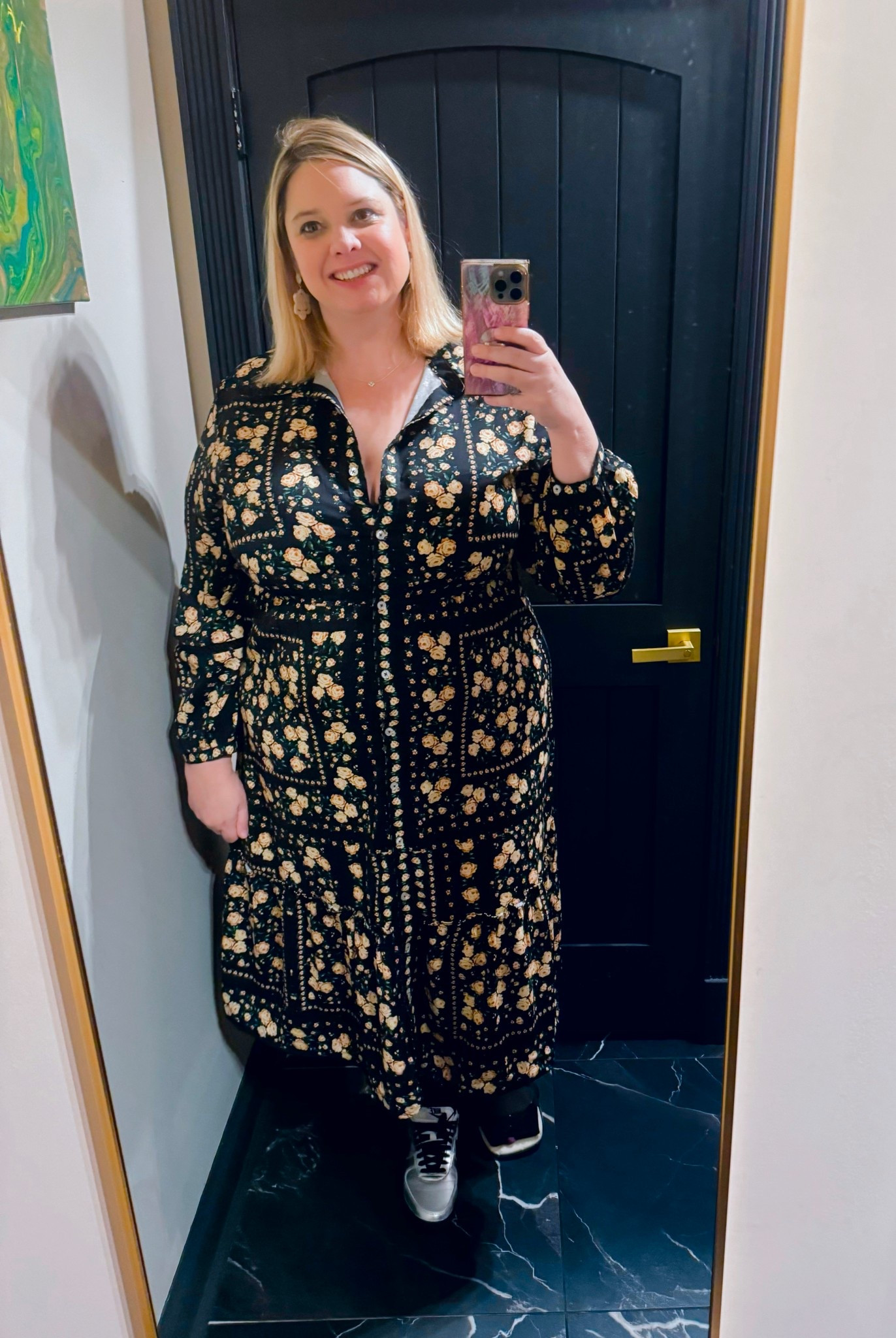 Draper James floral shirt dress for date night - wearing the xxl which is a little snug at 32 week but will totally work at a size 18 not pregnant 

#LTKootd #LTKMidsize #LTKBump