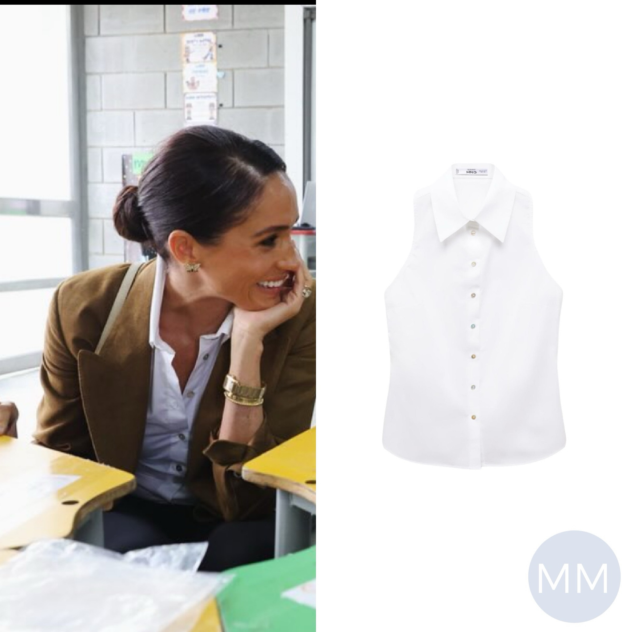 Looking for a #MirrorMeg for under $50? Meghan wore this sleeveless blouse from #Mango in Colombia, and showcased just how to mix high and low pieces together seamlessly. 

#LTKWorkwear #LTKFindsUnder50 #LTKStyleTip