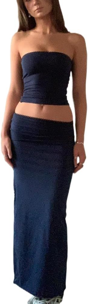 Vintage Lace Maxi Skirt Set Women 2 Piece Outfit Strapless Split Tube Top and Maxi Skirt Set Goin... | Amazon (US)