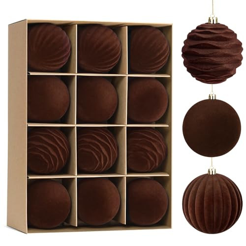 Waipfaru 12Pcs Brown Velvet Ornaments for Christmas Tree, 3.1 Inch Flocked Christmas Ornaments Set | Amazon (US)