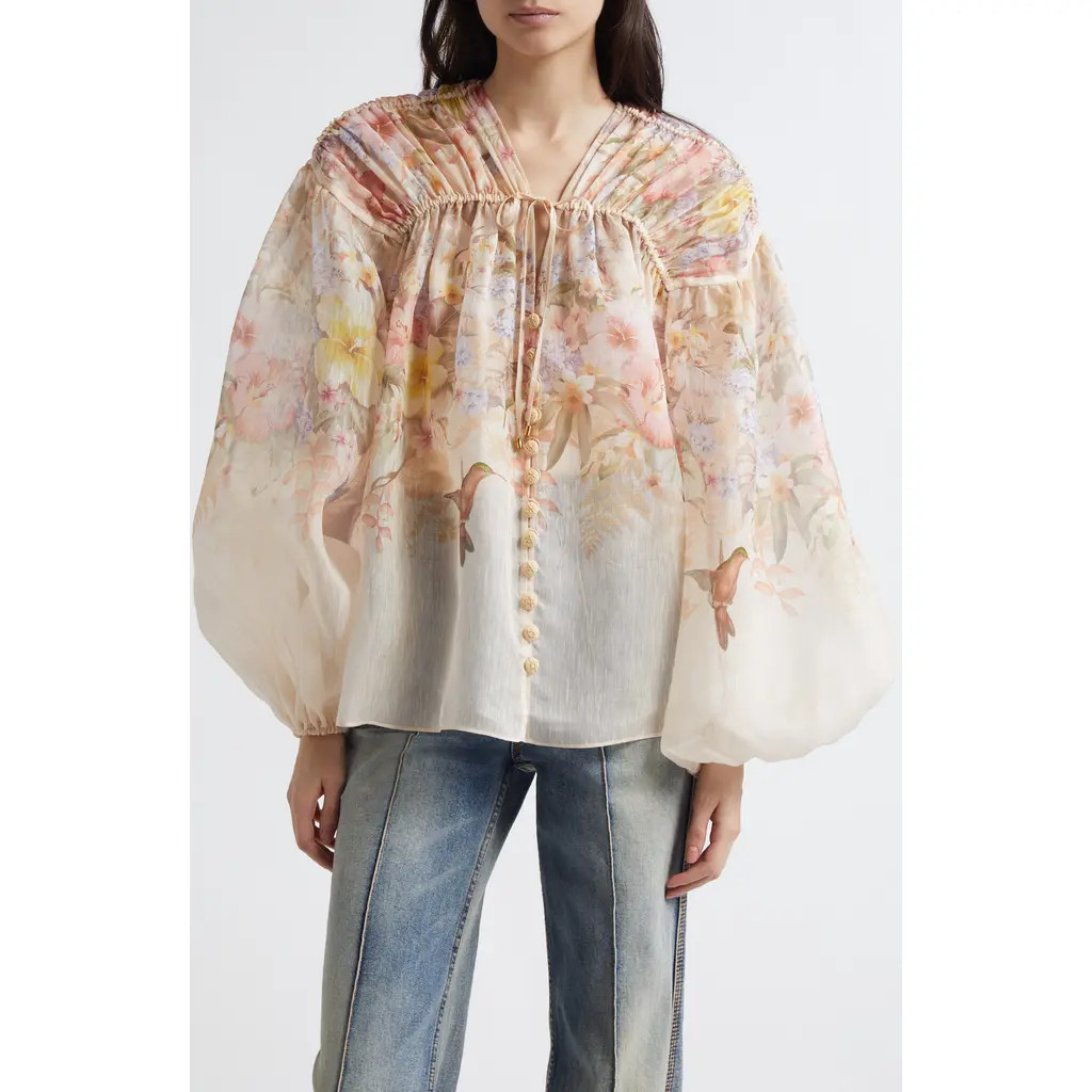 Zimmermann Tropical Floral Linen & Silk Shirt in Ivory Tropical at Nordstrom, Size 0 | Nordstrom