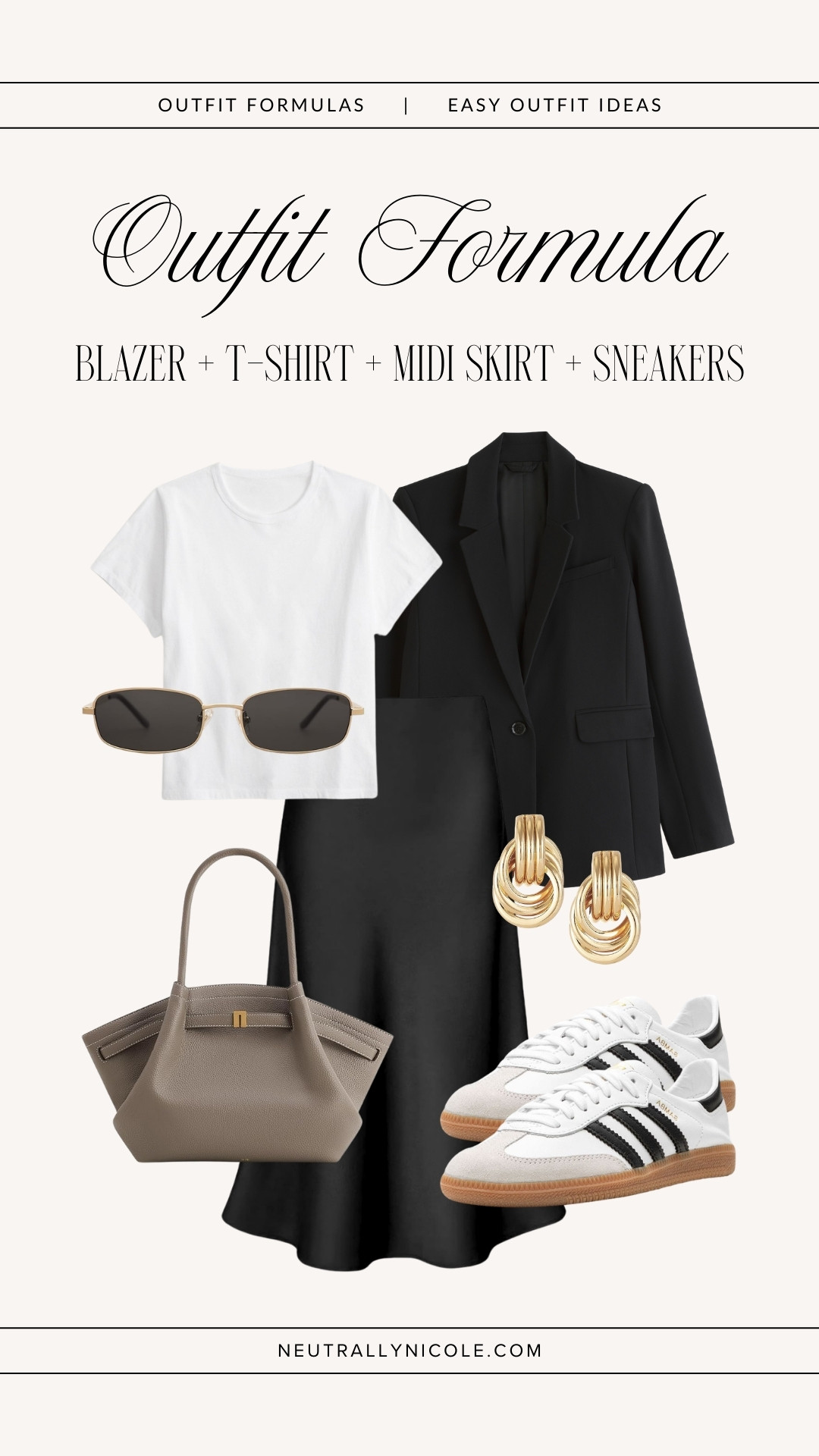 Outfit formulas for easy everyday outfits ft capsule wardrobe staples | work outfits, business casual workwear, office outfit, spring outfit, brunch outfit, blazer outfit, midi skirt outfit, adidas sambas decon sneakers, neutral outfit, neutral style, amazon fashion, abercrombie // Neutrally Nicole, @neutrallynicole, neutrallynicole.com 

 #LTKootd #LTKSaleAlert #LTKWorkwear