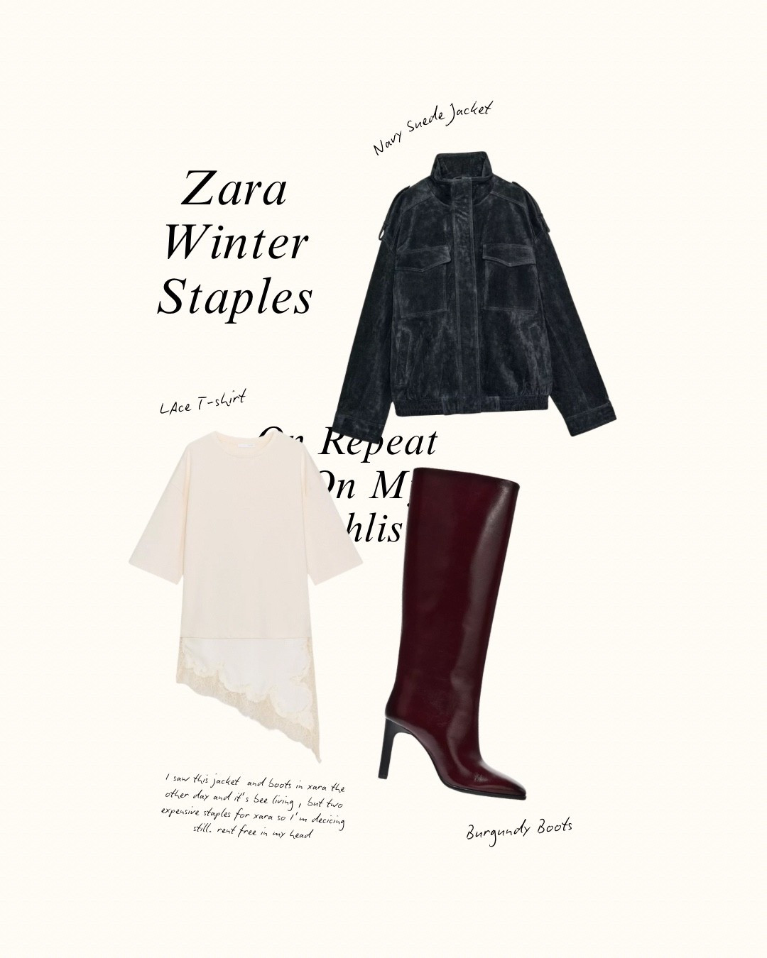 Zara outfits living rent free in my head! 

Navy suede Zara jacket and burgundy boots with a lace white tshirt. 

#LTKstyletip #LTKuk #LTKdatenight