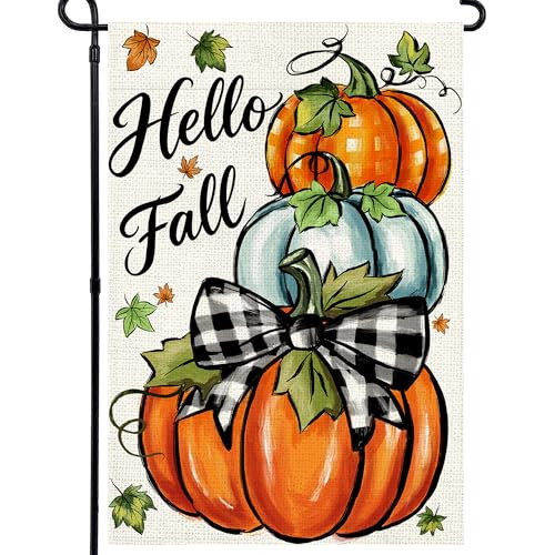 Agroon Hello Fall Garden Flag 12x18 Inch, Pumpkin Double Sided Autumn Thanksgiving Burlap Flag for Yard Outdoor Decoration | Amazon (US)