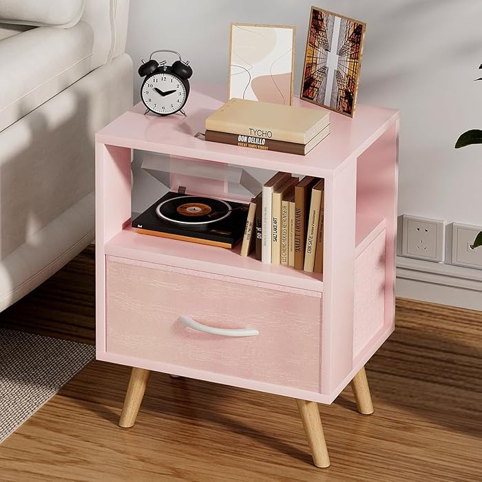 Night Stand, Pink Kids Nightstand with Drawer, Nursery Side Table with Open Storage, 2-Tier Moder... | Amazon (US)