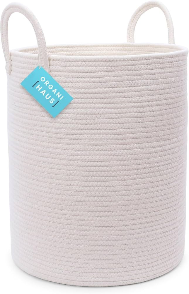 OrganiHaus White Laundry Basket 15x18, Cotton Rope Basket for Blankets, Tall Woven Baskets for St... | Amazon (US)