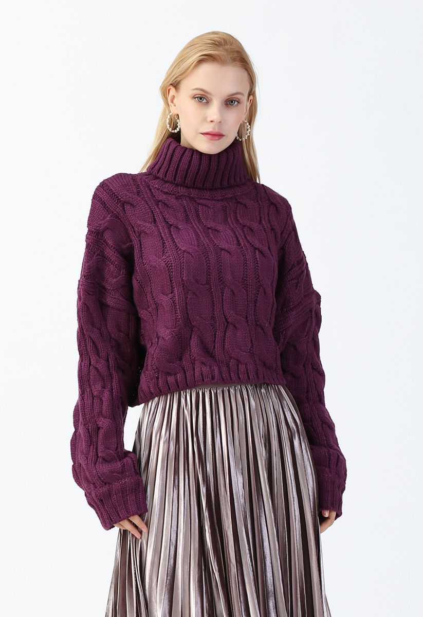 Turtleneck Braid Knit Crop Sweater in Berry | Chicwish
