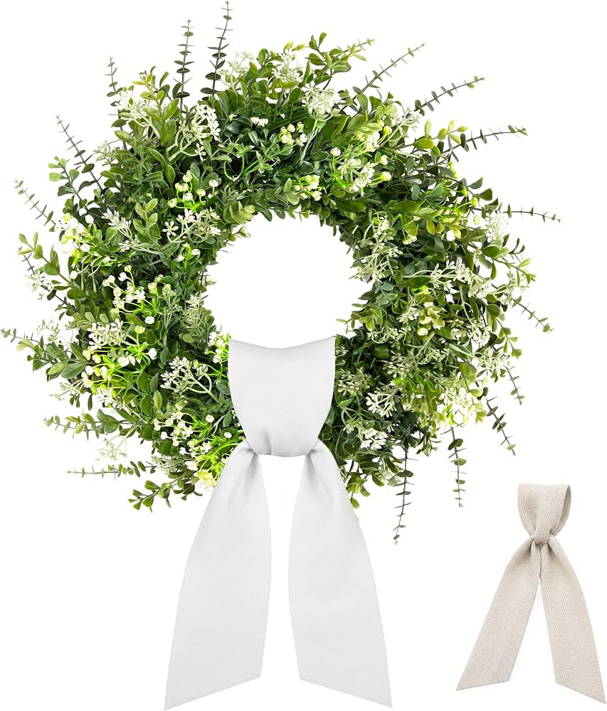 26 Inch Large Artificial Boxwood Wreaths for Front Door All Season, Eucalyptus Wreath with 2 Sash... | Amazon (US)
