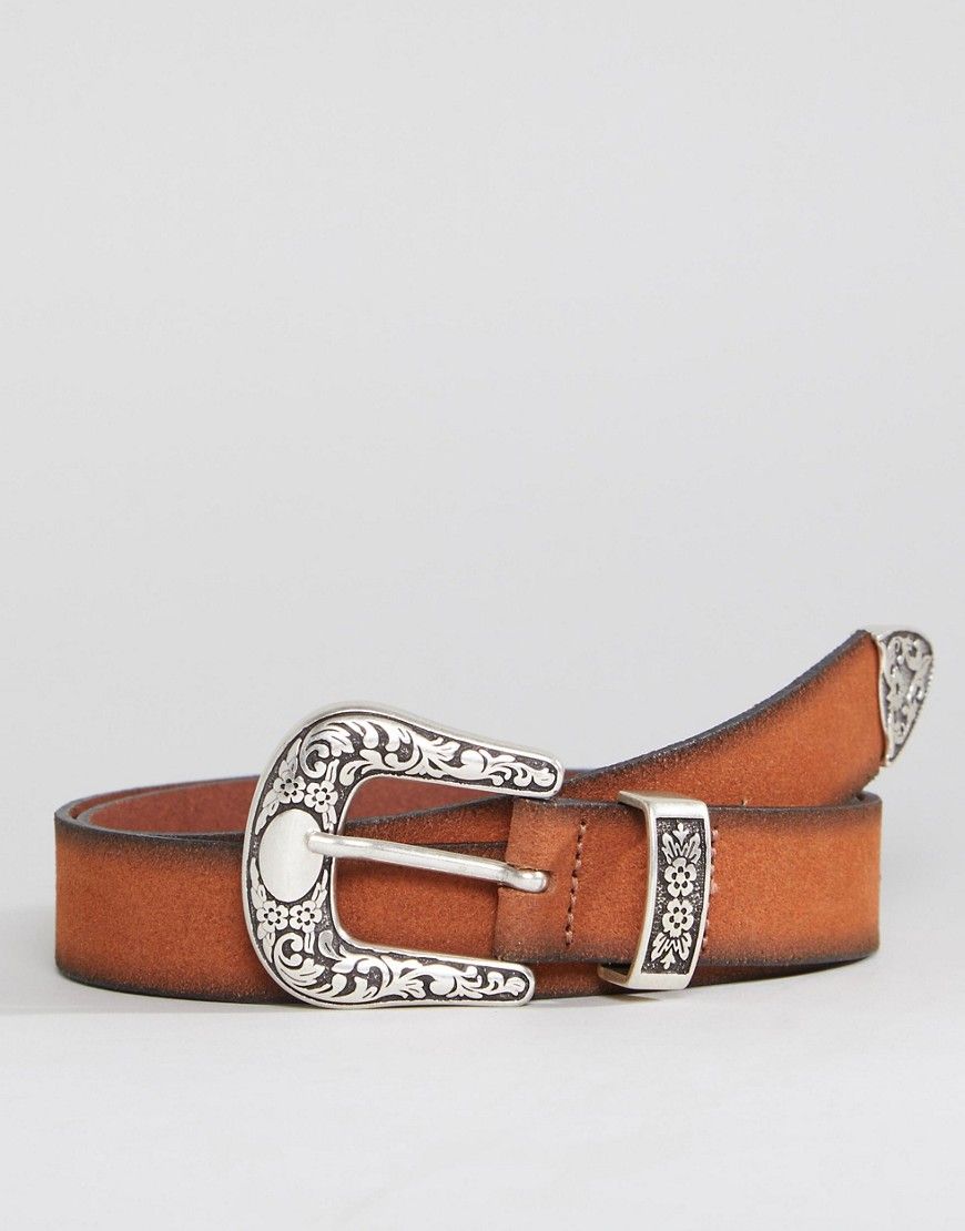 ASOS Slim Leather Western Belt In Tan Suede And Burnished Edges - Tan | ASOS US