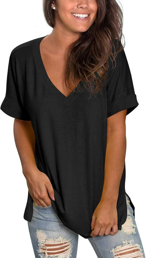 SAMPEEL Women's V Neck T Shirt Rolled Sleeve Side Split Tunic Tops | Amazon (US)