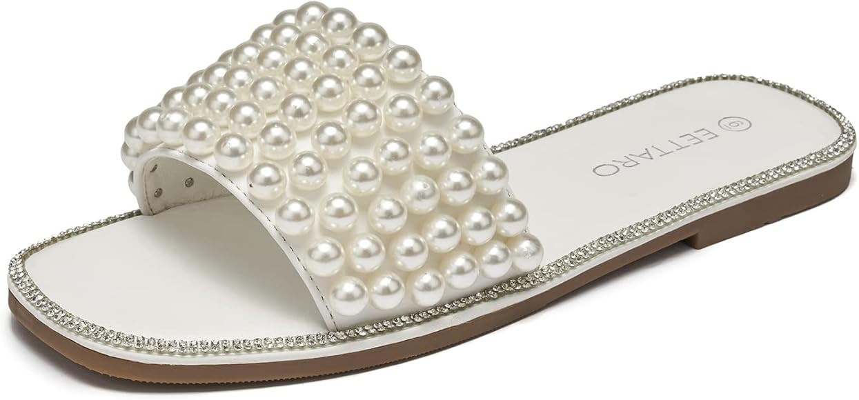EETTARO Women's Sparkle Pearl Flat Sandals Fashion Square Open Toe Jeweled Slides Slip on Rhinest... | Amazon (US)