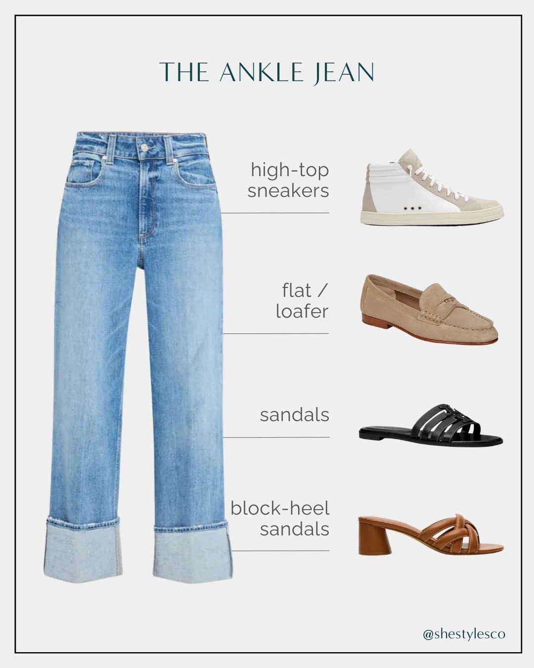 PAIRING GUIDE! Spring Edition - Bottoms & Shoes ☀️

Ankle Jean: Try high-top sneakers, flat / loafer / sandals, or block-heel sandals